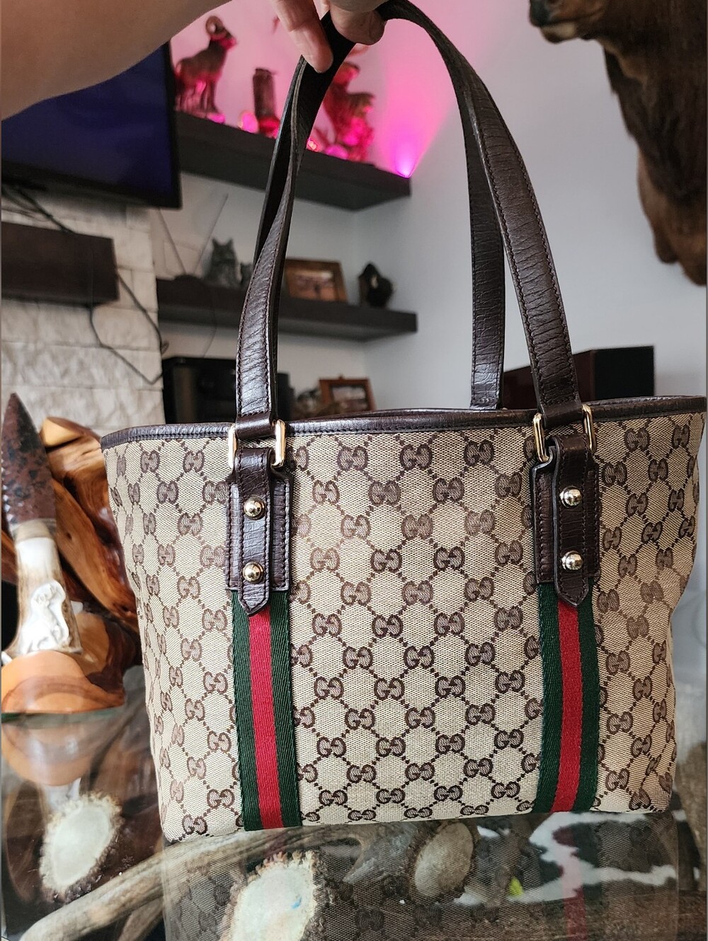 Gucci Brown GG Canvas Tote with Signature Web Stripe